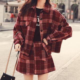 Set: Plaid Cropped Button Coat + A-line Skirt