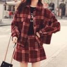 Set: Plaid Cropped Button Coat + A-line Skirt