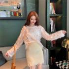 Set : Long-sleeved Tassel Wave Point Top + Knit Skirt