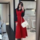 Two-tone Tie-waist Midi A-line Dress Red - One Size