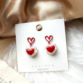 Alloy Heart Dangle Earring 1 Pair - Silver Needle Earring - Red & White - One Size