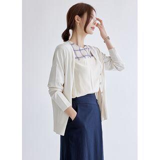 Plain V-neck Drop-shoulder Cardigan