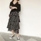 Set: Lace Panel Elbow-sleeve T-shirt + Dotted Midi Layered Skirt