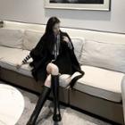 Hooded Cape / Tie-neck Lettering Striped Shirt