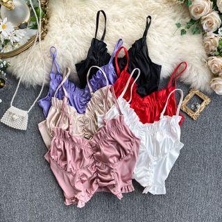 Shirred Ruffled Cropped Camisole Top