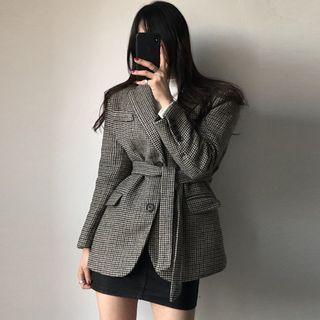 Houndstooth Single-breasted Blazer With Sash