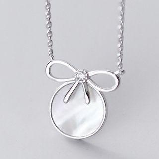 925 Sterling Silver Bow Shell Disc Pendant Necklace