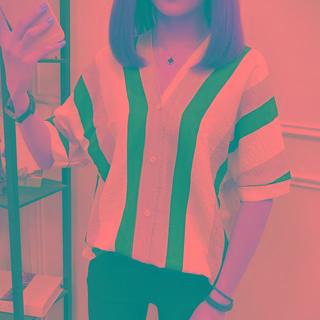 Elbow-sleeve Striped Button-up Top