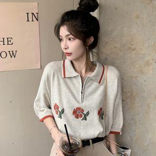 Elbow-sleeve Polo-neck Contrast Trim Flower Print Top Gray Beige - One Size