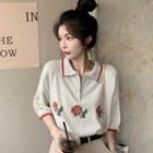 Elbow-sleeve Polo-neck Contrast Trim Flower Print Top Gray Beige - One Size