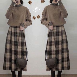 Set: Long-sleeve Top + Knit Top + Plaid Midi A-line Skirt