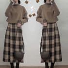 Set: Long-sleeve Top + Knit Top + Plaid Midi A-line Skirt