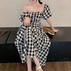 Off-shoulder Gingham Midi A-line Dress Black & White - One Size