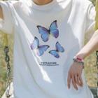 Butterfly Print Elbow-sleeve Oversize Tee