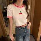 Short-sleeve Cherry Embroidered Cropped Knit Top