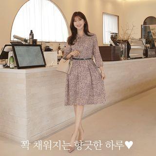 Frilled-neck Patterned Midi Dress With Belt