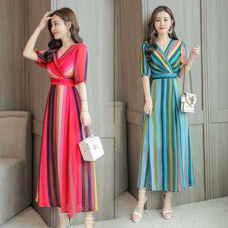 Pinstriped Short-sleeve Maxi Chiffon Dress