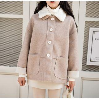 Fleece Collar Button Jacket Coffee - One Size
