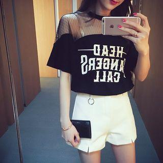 Mesh Shoulder Lettering Print Short-sleeve T-shirt