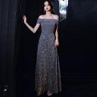 Off-shoulder Cap Sleeve Sequined A-line Evening Gown