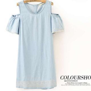 Cutaway-shoulder Embroidered Denim Dress