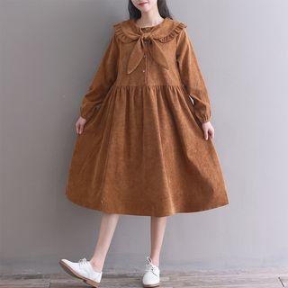 Tie Neck Long-sleeve Midi A-line Corduroy Dress