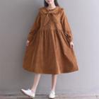 Tie Neck Long-sleeve Midi A-line Corduroy Dress