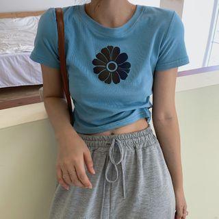 Printed Flower Short-sleeve Top Blue Top - One Size