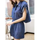 Tab-sleeve Slit-back Denim Playsuit With Belt