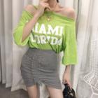 Off-shoulder Elbow-sleeve Lettering T-shirt