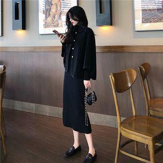 Peter Pan-collar Wool Cape Top / Mock-neck Knit Dress