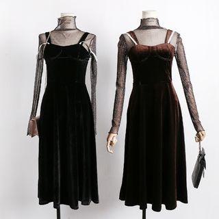 Set: Glitter Sheer Top + Sleeveless Velvet Tube Dress