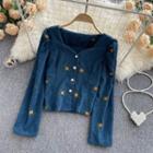 Square-neck Flower Embroidered Corduroy Long-sleeve Top