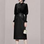 Set: Long-sleeve Button-up Velvet Blouse + Faux Leather Midi A-line Skirt