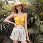 Set: Frill Trim Bikini Top + High-waist Bottoms + Cover-up Skirt