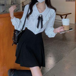 Collared Ruffled Blouse / Mini A-line Skirt