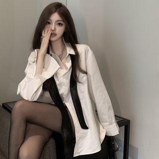 Long-sleeve Plain Shirt With Necktie With Necktie - White - One Size