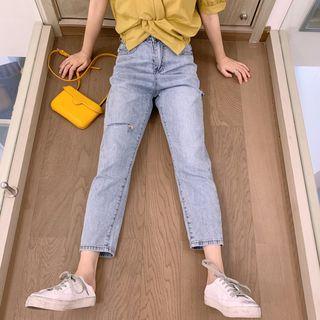 Washed And Worn Irregular Hole Jeans