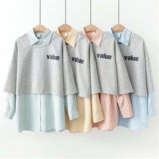 Set: Lettering Elbow-sleeve T-shirt + Striped Shirt
