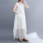 Set: Sleeveless Lace Maxi A-line Dress + Slipdress