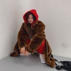 Mock-neck Faux-fur Long Coat Brown - One Size