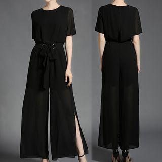 Short-sleeve Slit Wide Leg Jumpsuit