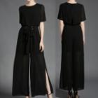 Short-sleeve Slit Wide Leg Jumpsuit