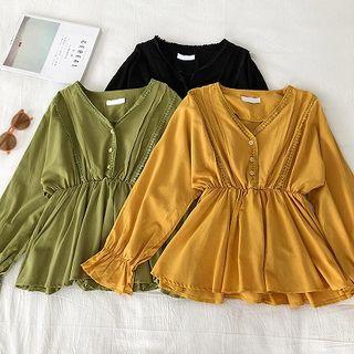 Plain Eyelet Lace Panel V-neck Flare-sleeve Blouse