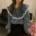 Lace Trim Denim Blouse Blue - One Size