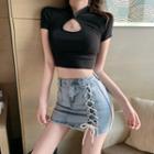 Keyhole Stand-collar Crop T-shirt / Lace-up Denim Mini Skirt