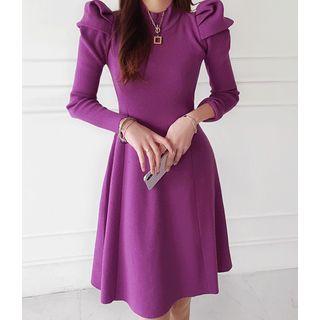 Puff-sleeve Flared Knit Dress