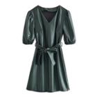 Elbow-sleeve Faux Leather Mini A-line Dress