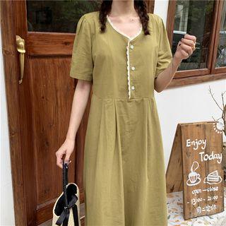 Short-sleeve Frill Trim Plain Dress
