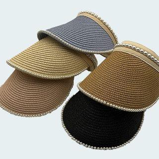 Beaded Trim Straw Visor Hat